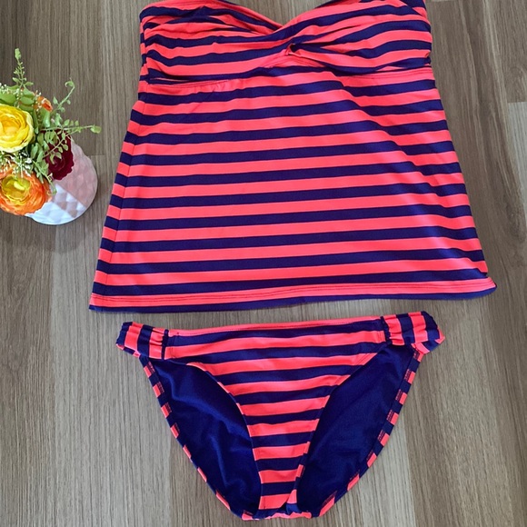 Massimo Navy and Pink Striped Tankini with Bandeau Top Size Large - Picture 1 of 4